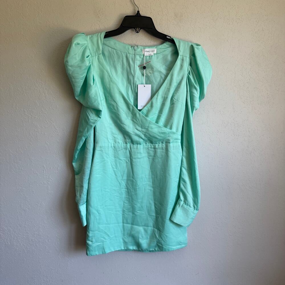 NWT Lovers + Friends Isabella Mint Satin V-Neck Long Sleeve Mini Dress Womens XS